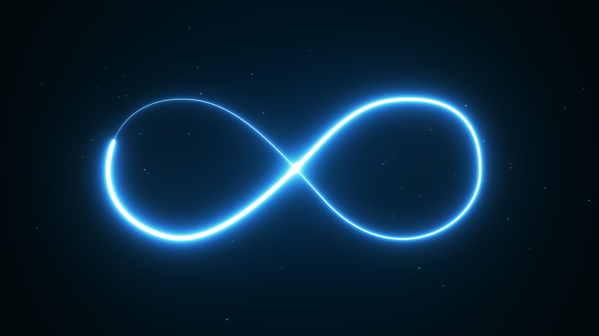 blue magic glowing light infinity sign swirl trail on black background. Blue neon glitter fire spark spiral wavy line